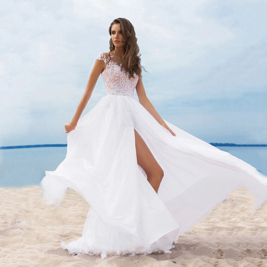 Women's Floral Lace White Dresses A Line Gorgeous V-Neck Sheer Mesh Large
