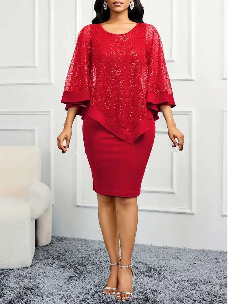 Prom Dress Women Dresses Summer Fashion Cloak Sleeve Sequin Slit Casual Round Neck Half Sleeve Plain Daily Bodycon Midi Dress