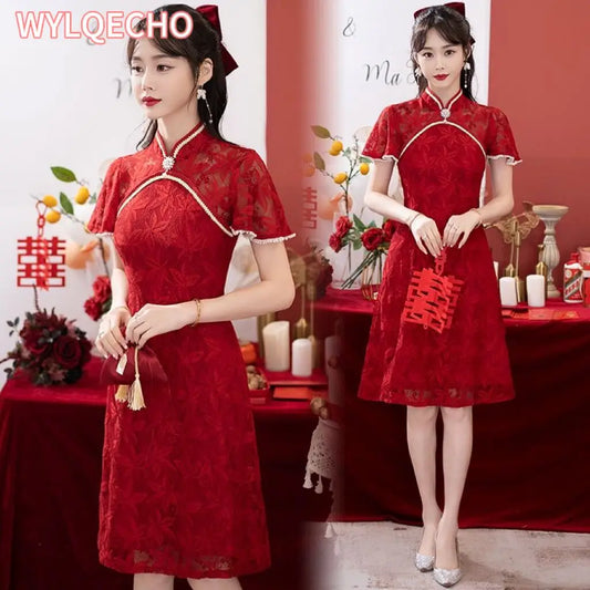 Bridal Wedding Banquet Cheongsam Chinese Traditional Red Qipao Short Sleeve Lace Dress For Women Clothing