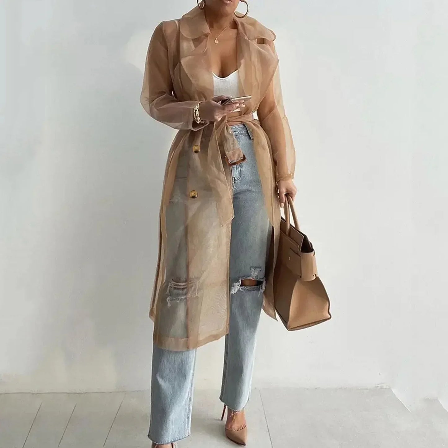Jackets For Women Mesh Transparent Overcoat Long Sleeve Buttoned Coat With Belt Turndown Collar Light Weight Long Jackets