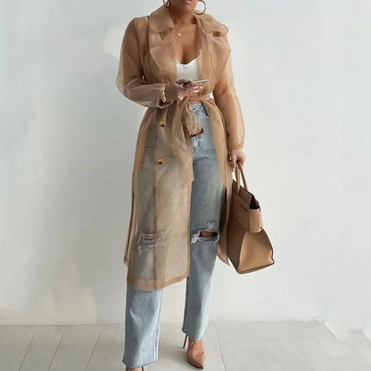 Jackets For Women Mesh Transparent Overcoat Long Sleeve Buttoned Coat With Belt Turndown Collar Light Weight Long Jackets