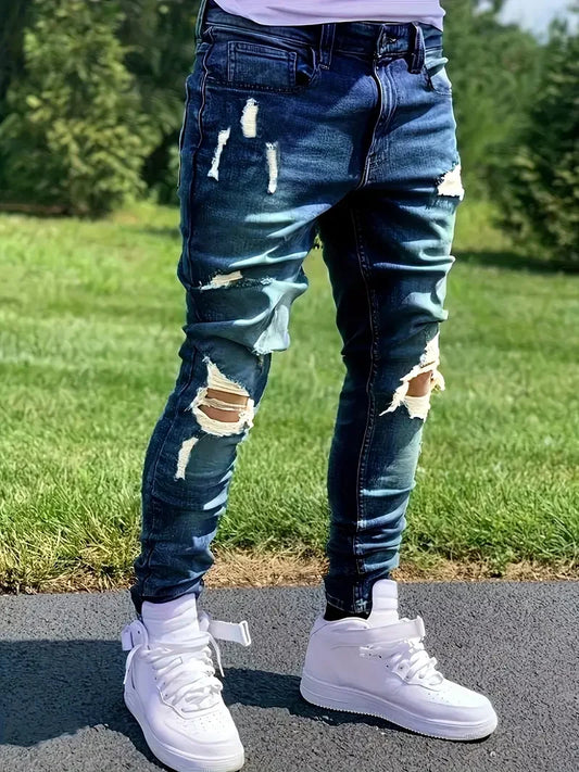 Men's Distressed Fashion Jeans - Street Style, Comfortable Stretch Denim with Ripped Detail, Versatile for All Seasons, Everyday