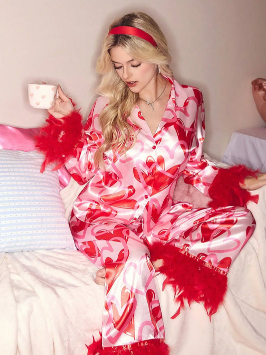 Women'S Heart Print Satin Pajama Set With Feather Cuffs - Pink Red