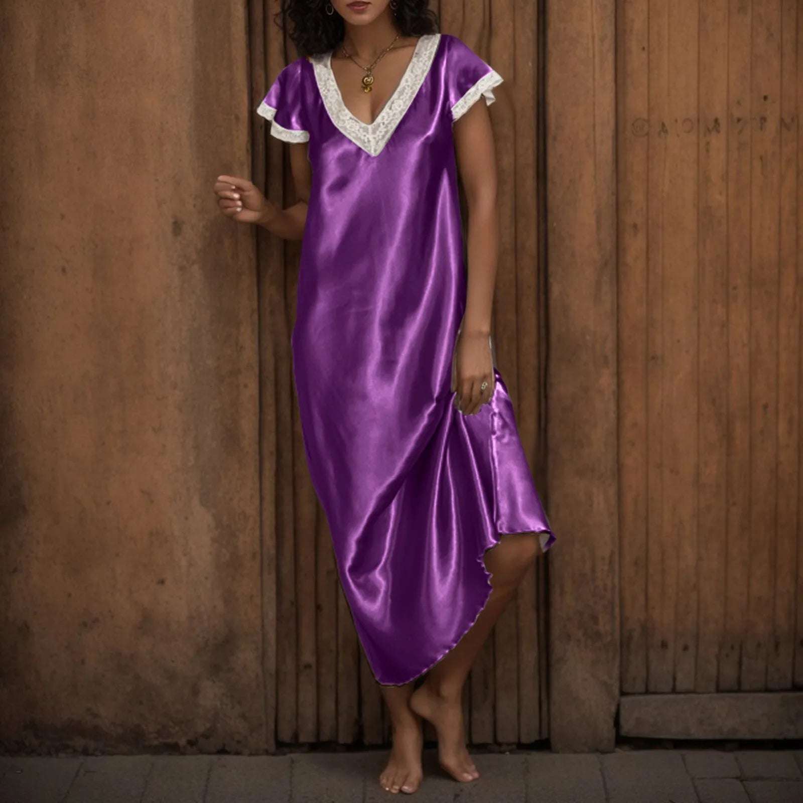 Night Dresses Women Pajama Silk Satin Lace Long Nightgown Solid V-Neck Smooth Breathable Underwear Quick Dry Gorgeous Sleepwear