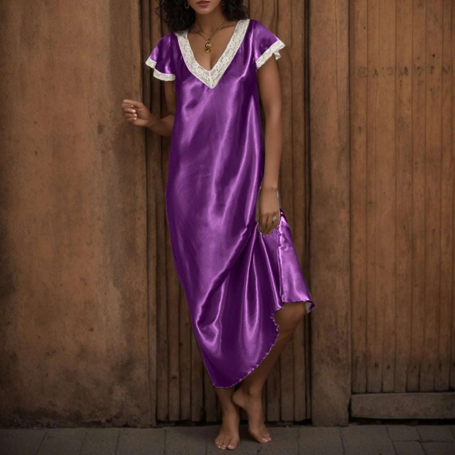 Night Dresses WoMen's Pajama Silk Satin Lace Long Nightgown Solid V-Neck Smooth Breathable Underwear Quick Dry  Sleepwear