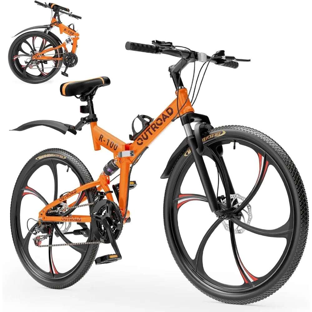 26 Inch Folding Mountain Bike, 21 Speed Full Suspension High-Carbon Steel MTB, Dual Disc Brake Non-Slip Folding Bikes