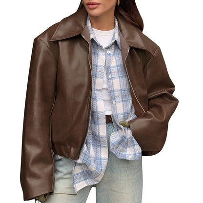 Women s Faux Leather Moto Jacket with Removable Hood Vintage Long Slee
