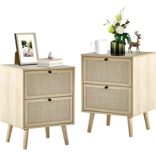Rattan Nightstand Set of 2, End Table Rattan Bedside Table Side Table with 2 Hand Made Rattan Decorated Drawers Wood