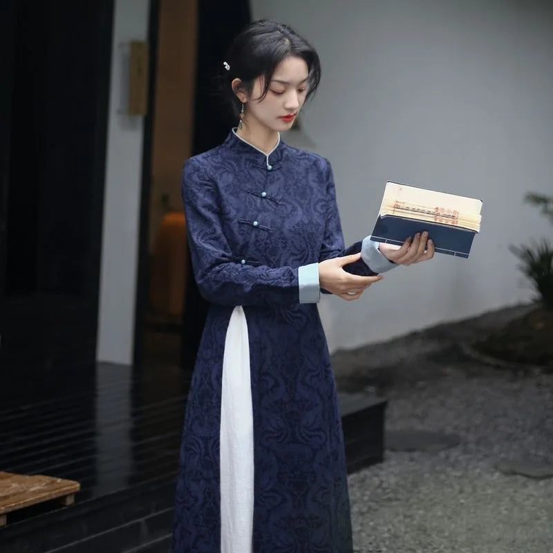 2024 Autumn New Vietnam Aodai Chinese Styles Women Floral Printing Vintage Long Dress Qipao Chinese Elegant Cheongsam Dress