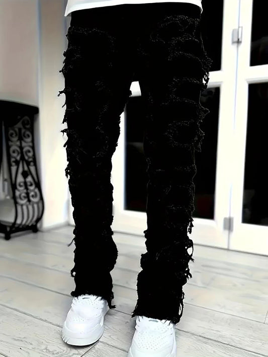 Y2k hip-hop style fringed jeans, men's casual street style stretch jeans