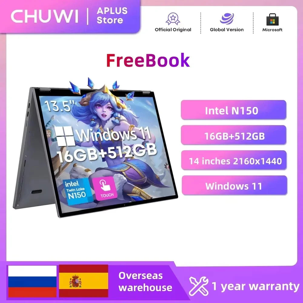 Chuwi Freebook 2-In-1 Laptop 13.5'' Intel N150(Up To 3.6Ghz) 16Gb Lpddr5 Ram 512Gb Ssd Fhd 2520X1680 Wifi 6 Bt5.2 Windows 11