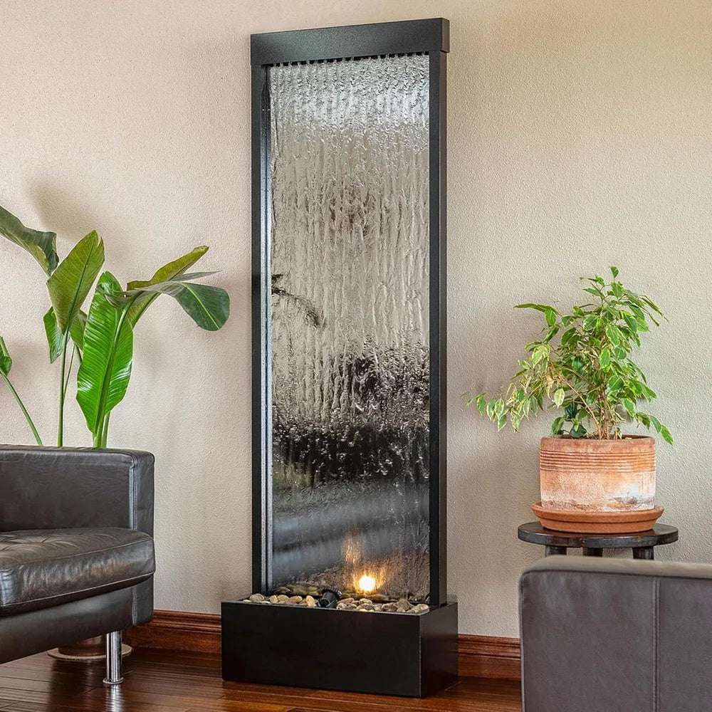Mirror Waterfall Fountain With Stones And Lights - Zen Indoor/Outdoor Decor For Office, Living Room, Patio