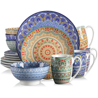 Vancasso Bohemian Mandala Patterned Ceremic Tableware 16Pcs Porcelain Dinnerware Set With Dinner Plate Dessert Plate Bowl Mug
