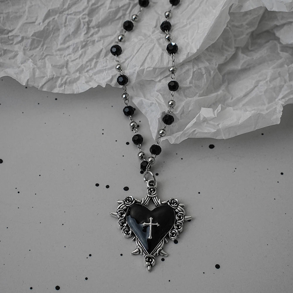 Lll Gothic Bat Cross Dark Pendant Necklace Set  Y2K Personalized Thorn