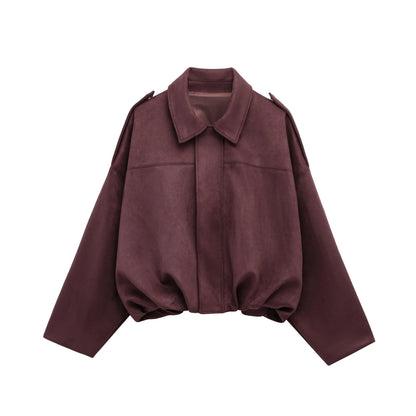 Women'S Brown Green Suede Jacket Loose Casual Bomber Coat Lapel Zipper Long Sleeve Jackets Vintage Lady Motorcycle Outwears