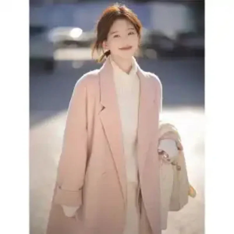 Women Autumn and Winter Woolen 2025 New Spliced   suit Collar Button Pocket Fashion Mid-length Coat