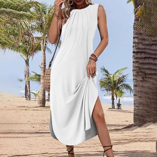 Summer Dresses Women'S Basic Solid Color Crew Neck Spaghetti Strap Beach Sundress Female Flowy Loose Fit Casual White Dress