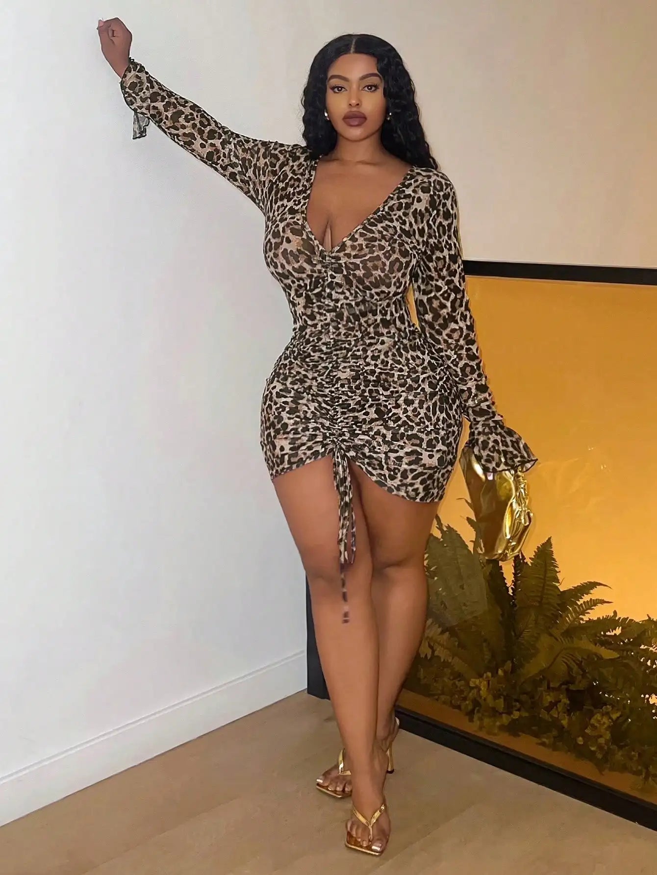 Women's Plus Size Leopard Print Bodycon Dress | Deep V-Neck Sheer Bell Sleeve Ruffle Hem Mini Dress