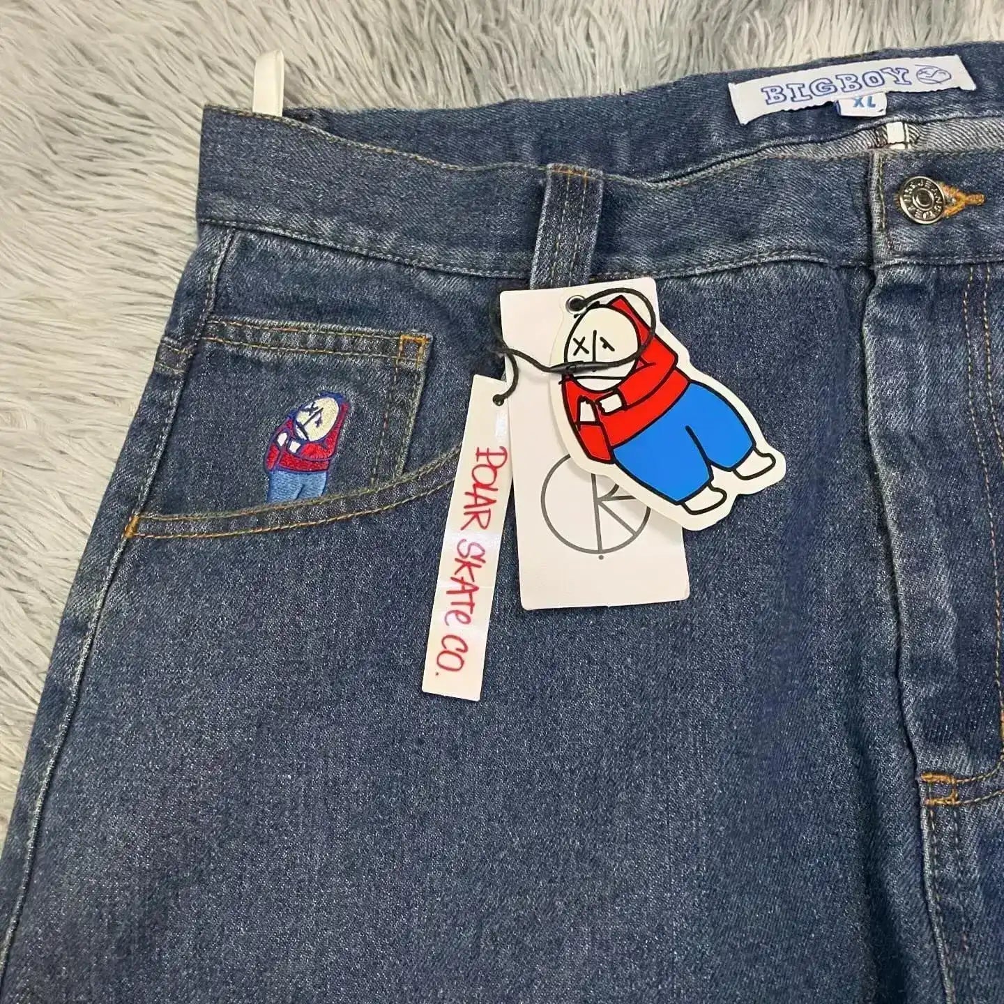 Hip Hop Cartoon Streetwear Polar Big Boy Jeans Embroidery Pants Retro Blue Baggy Jeans Men'S Women'S  Waist Wide Trouser