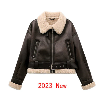 2024 New Woman's Fashion Thick Warm Faux Shearling Jacket Coat Vintage Long Sleeve Belt Hem Female Outerw
