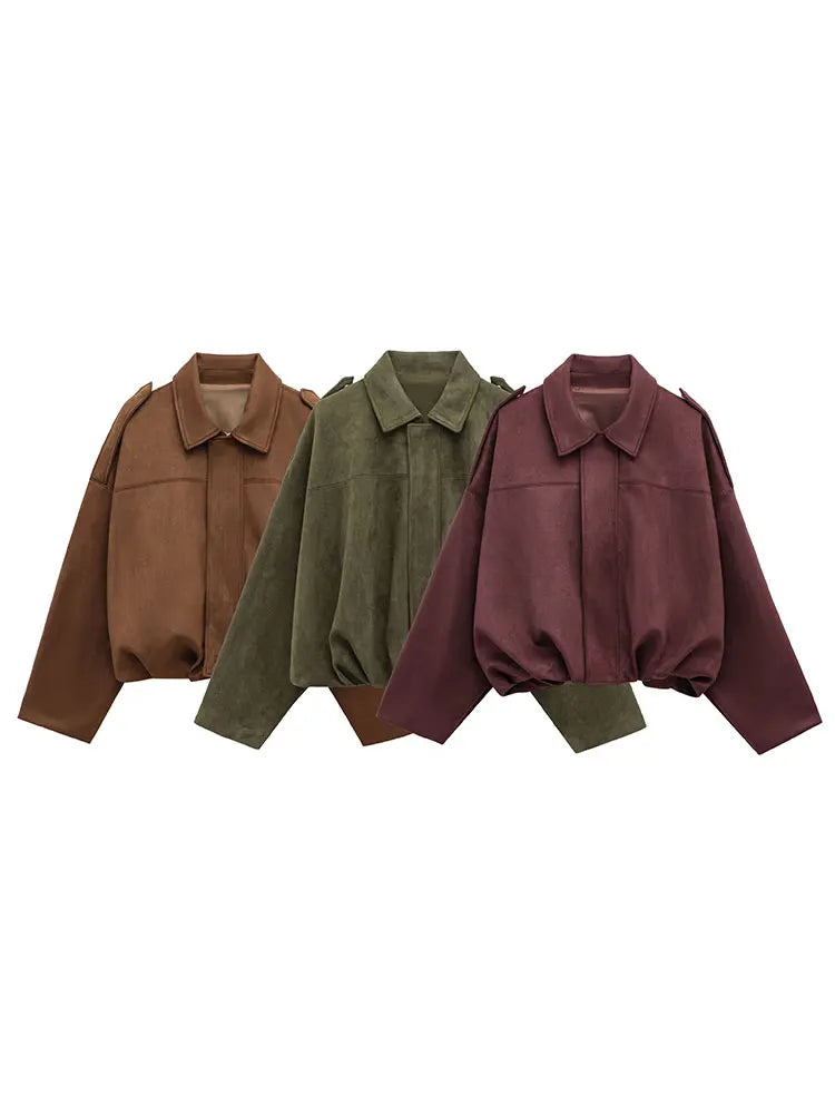 Women'S Brown Green Suede Jacket Loose Casual Bomber Coat Lapel Zipper Long Sleeve Jackets Vintage Lady Motorcycle Outwears