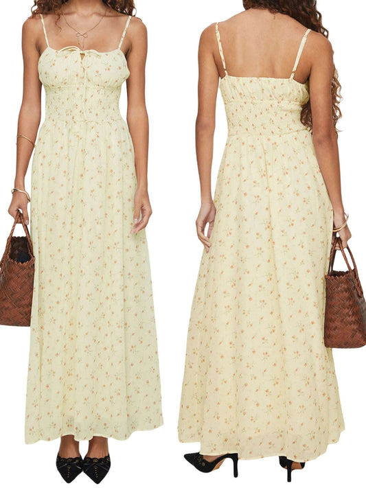 V-Neck Maxi Dress Sleeveless Ruffle Hem Floral Print Dress for Wedding Guest BeaParty Evening Gown