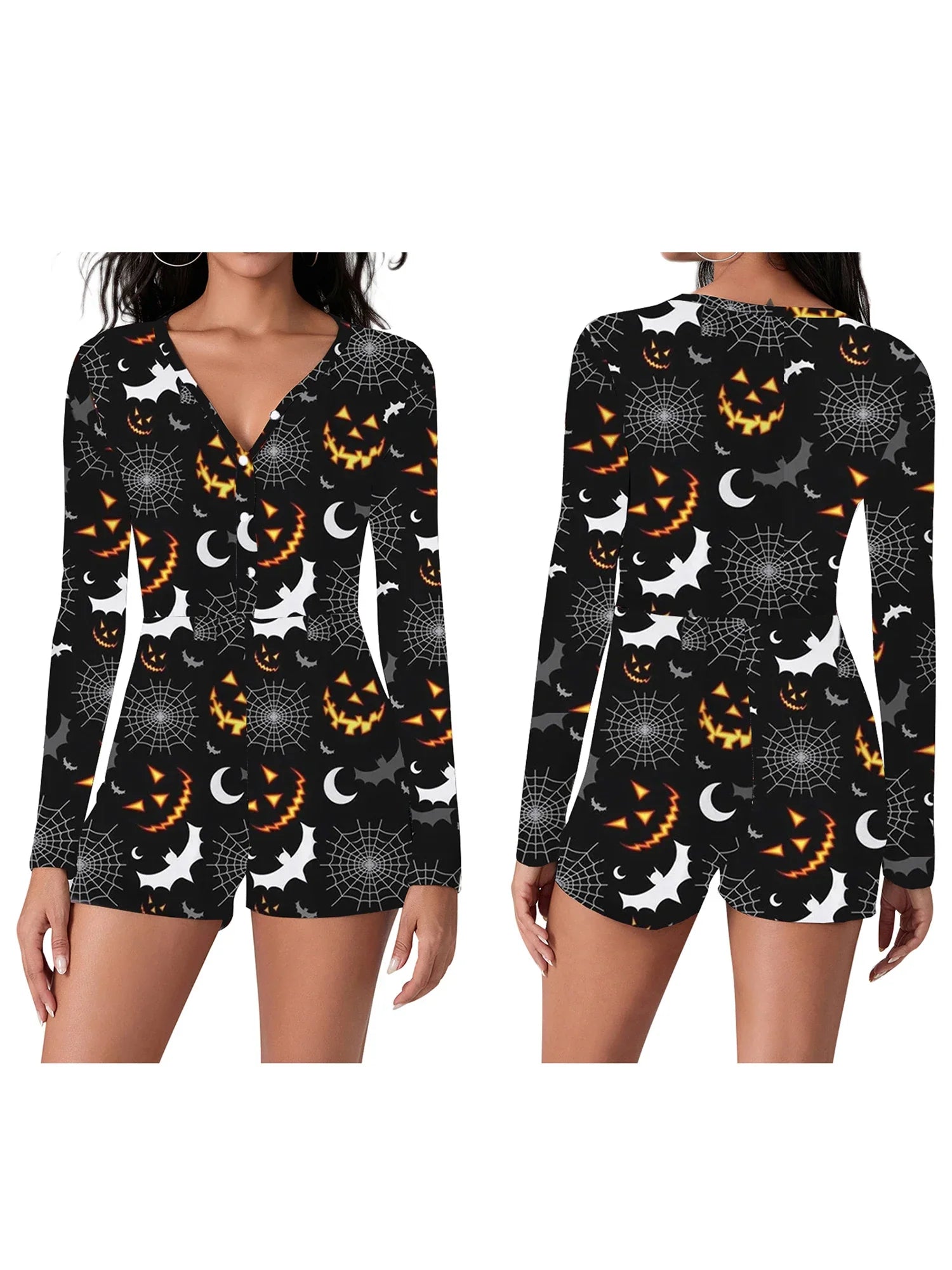 Women Halloween Costume Short Sleeve Romper with Pumpkin Print V Neck Fitted Jumpsuit Sleepwear for Spooky Nights