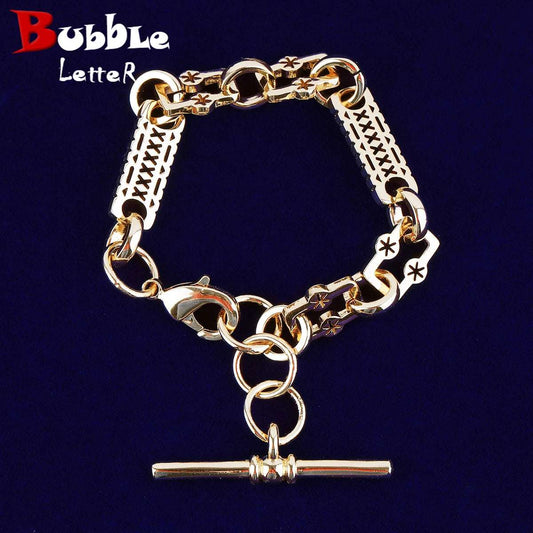 Bubble Letter Star Bar T Bar Clasp Bracelet  for Women Gold Plated  Real Coper Hip Hop Jewelry