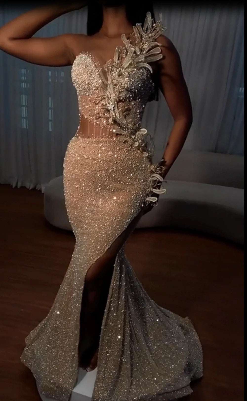 Us Tariff Sparkly Pearls Mermaid Black Girl Evening Dress   Slit 3D Floral Prom Dresses 2025 Wedding Party Dresses