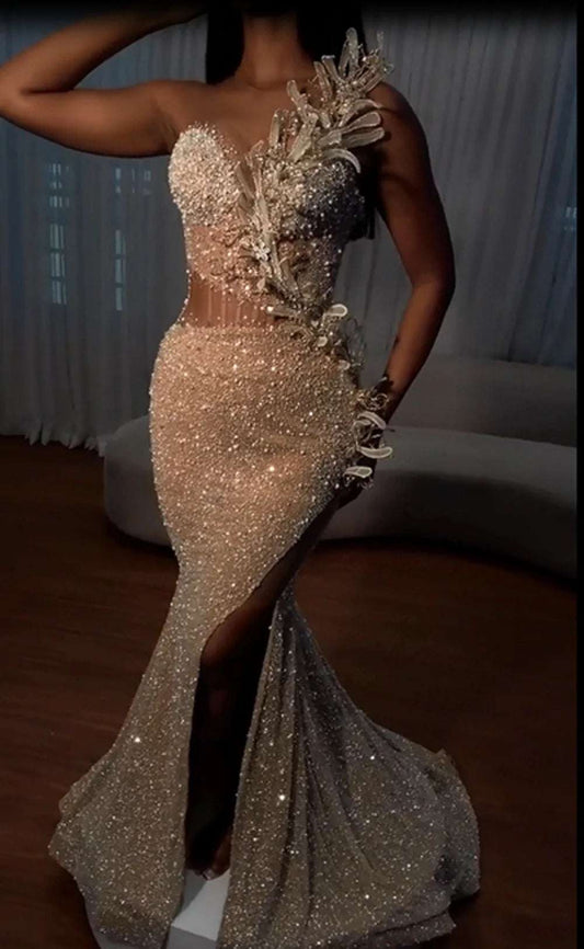 Us Tariff Sparkly Pearls Mermaid Black Girl Evening Dress   Slit 3D Floral Prom Dresses 2025 Wedding Party Dresses