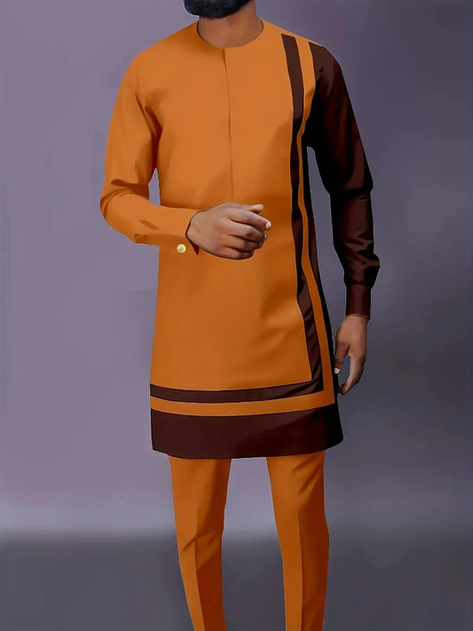 Men's Casual Long-Sleeved Two-Piece Set: Mid-Length Top and Trousers