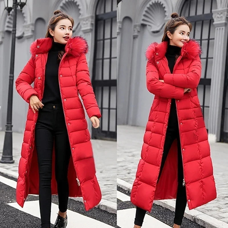 2025 Winter Women Jacket Warm Fashion Comfortable Bow Belt Fox Fur Collar Clothes Long Dress Office Casual Women Thick Coat