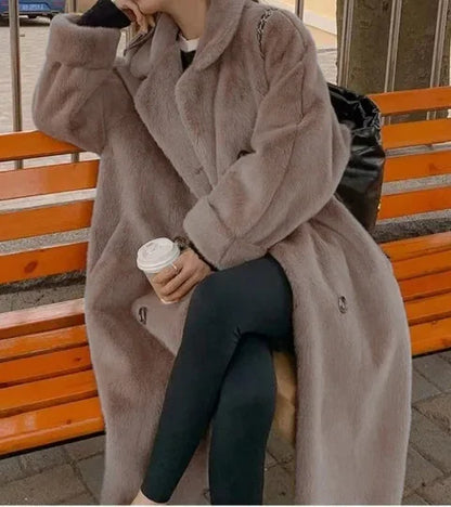 Women'S Long Thick Faux Fur Maxi Jacket Colorblock Autumn Winter Coat Warm Belt Fur Parkas Bontjas Furry Outerwear Coats