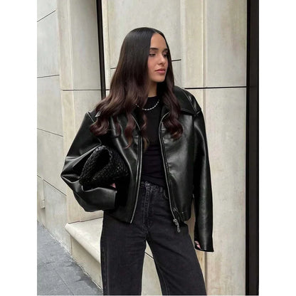 Vintage Casual Motorcycle Style Matte Leather Jacket For Women's, Chic European And American Fashion, Zipper Closure