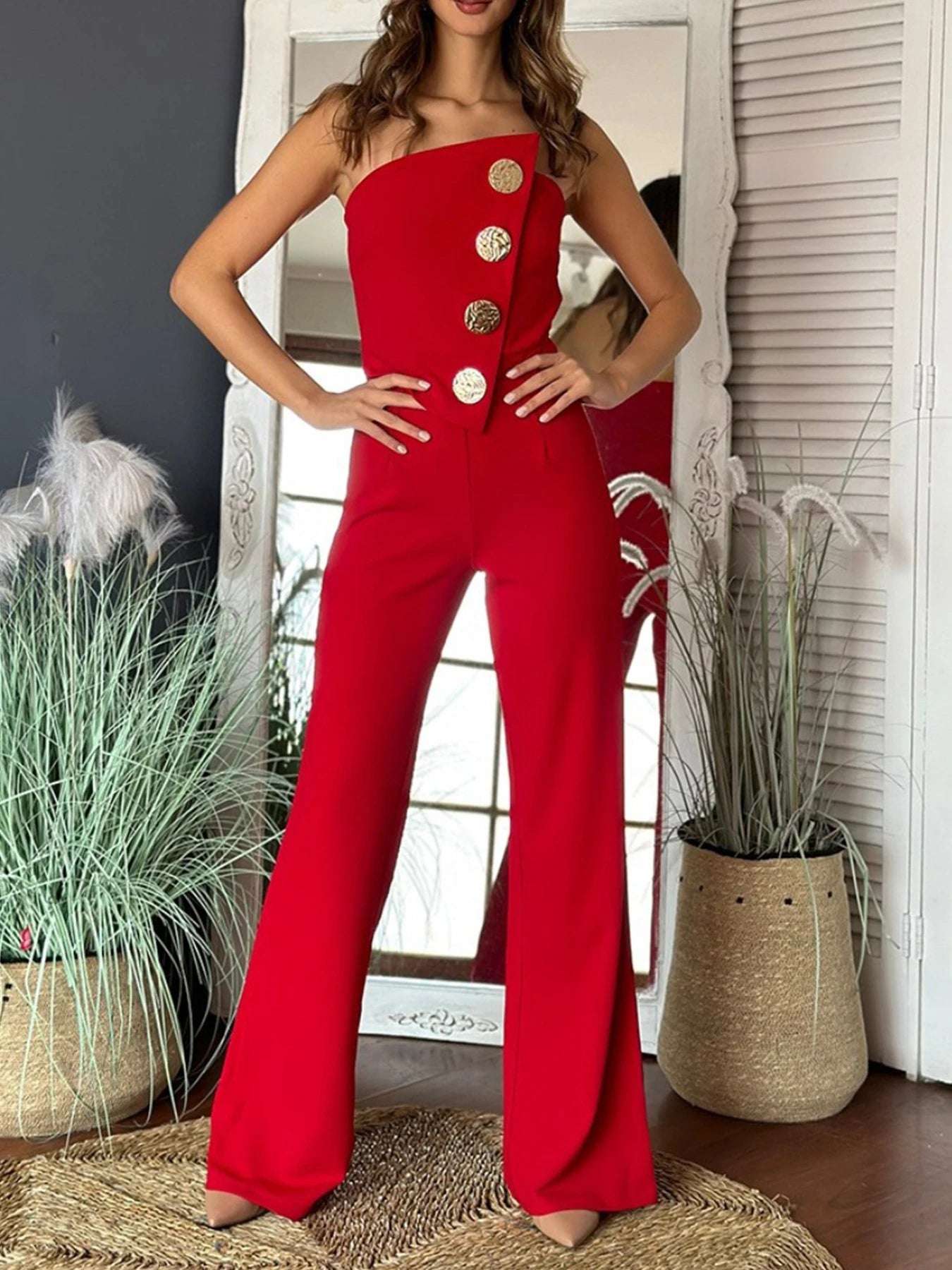 2025 New Women'S Front Button Slim Fit Wide Leg Jumpsuit, Comfortable Fit, Fashionable And Casual Versatile Jumpsuit, Suitable F