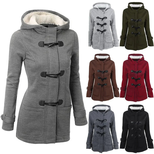 Women Trench With Hooded Horn Button Thicken Jackets Winter Fleece Lined Warm Long Sleeve Slim Windbreaker Outerwear Coats 6XL