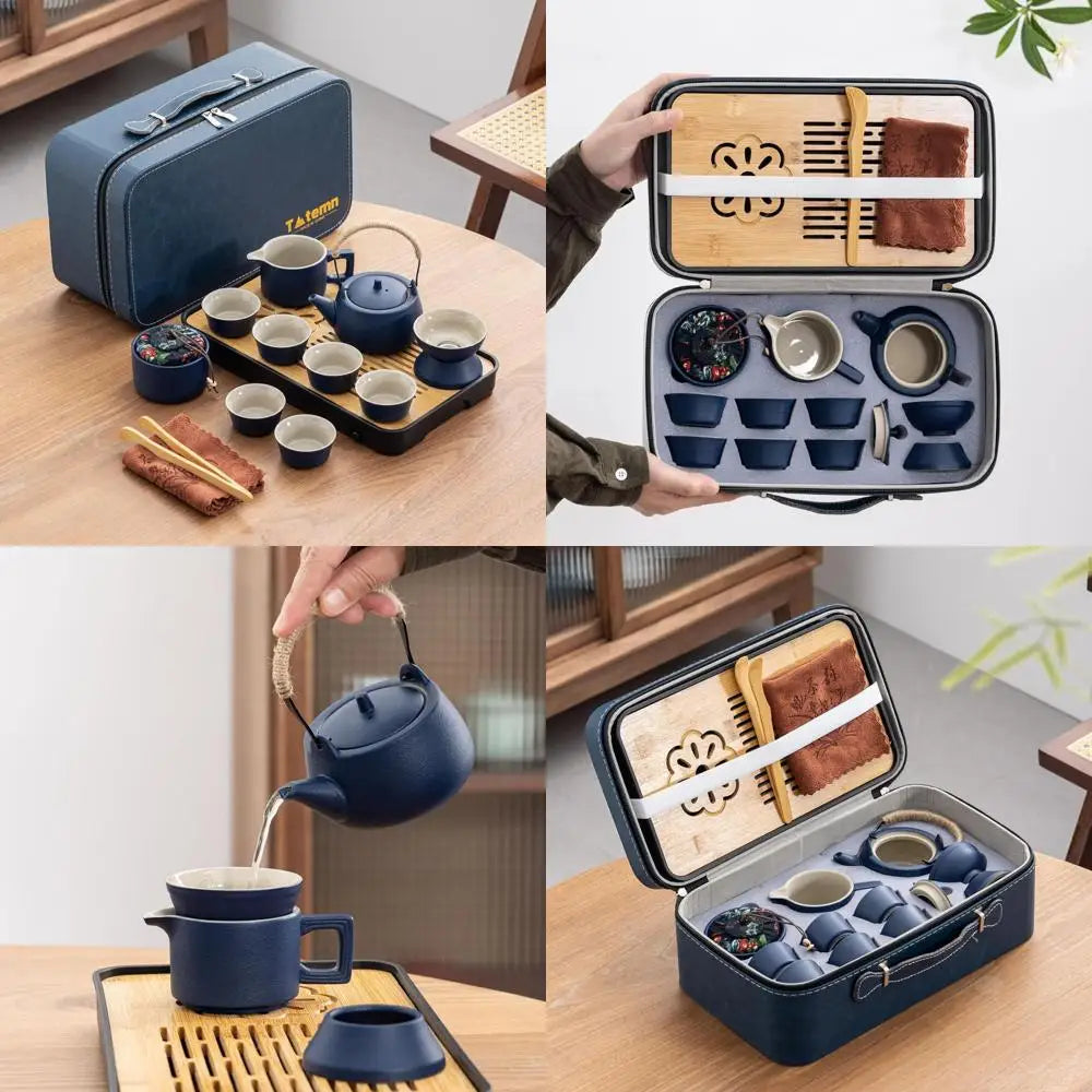Portable 14-Piece Chinese Kung Fu Tea Set With Bamboo Tray And Leather Bag - Ideal For Travel, Home, Office, Camping, And Hiking