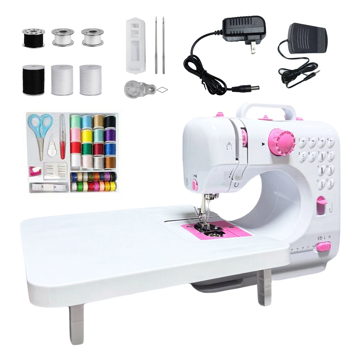 Portable Mini Sewing Machine For Home - 12 Stitch Patterns With Foot Pedal/Light, With Extension Table & 42Pcs Tool Kit, Mini Fo