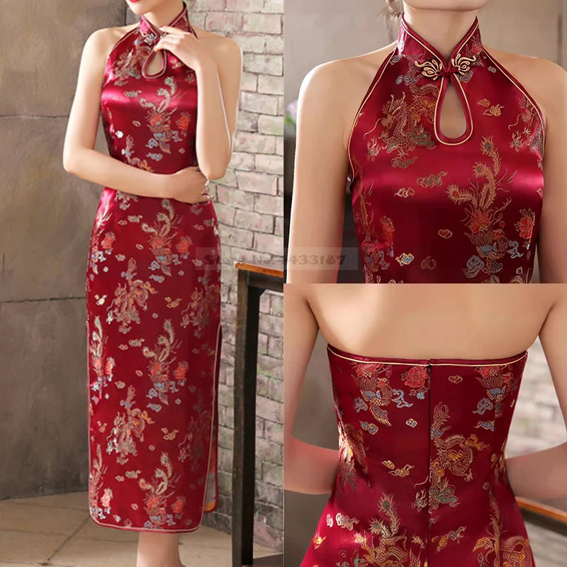 Gorgeous Backless Sleeveless Cheongsam Female Retro Classic Brocade Chinese Qipao Dress Plus Size Dragon and Phoenix Vestidos 3XL