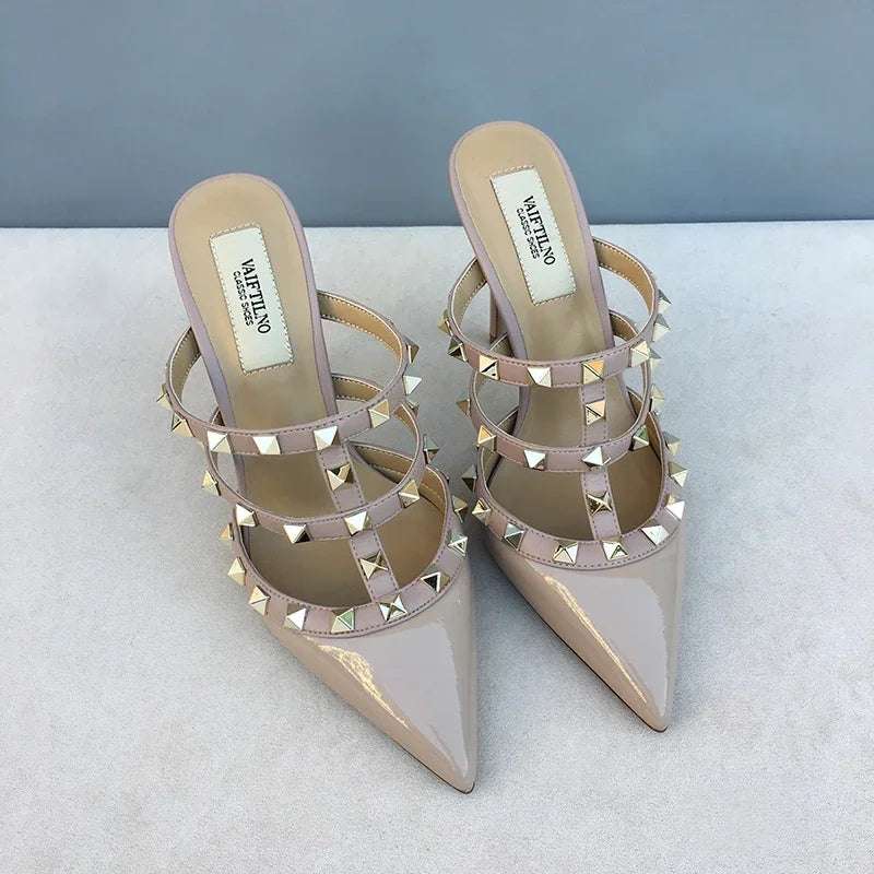 Women's sandals luxury Brand Shoes Woman 2025 trend Ankle Strap Summer Rivets High Heels Slippers Design Pointed Toe Gorgeous party