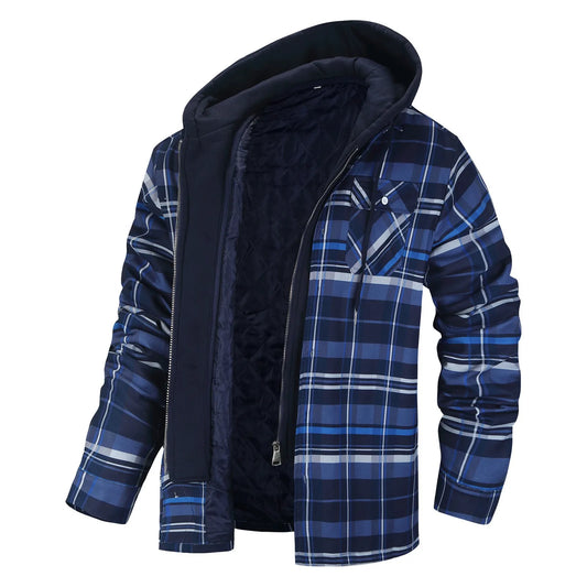 Men Winter Flannel Cotton Shirt Warm Jacket With Hood Long Sleeve Quilted Lined Plaid Button Down Thick Hoodie Outwear Coats