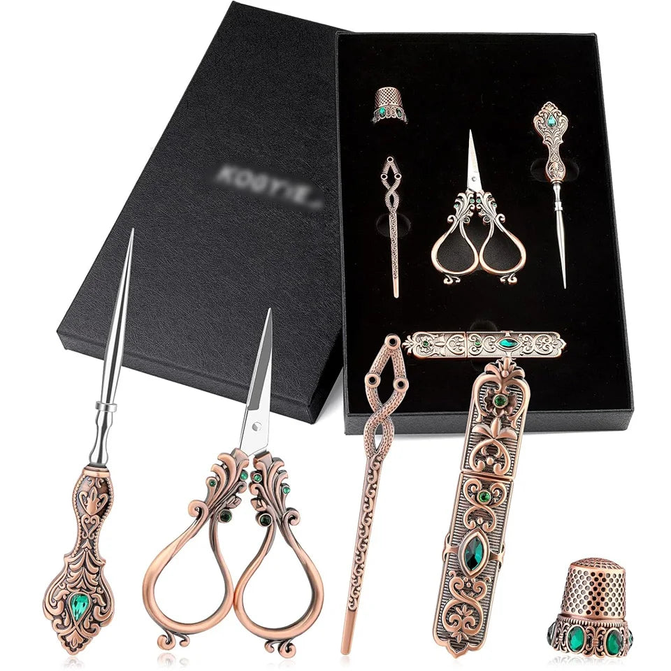 Vintage European Style Sewing Scissors With Sewing Needle Case Metal Floss Bobbin And Sewing Awl Kits For Embroidery And Craft
