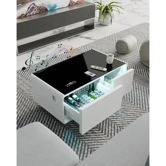 Smart Coffee Table: Living Room Table with Built-in Fridge, Speakers, 15W Wireless Charging