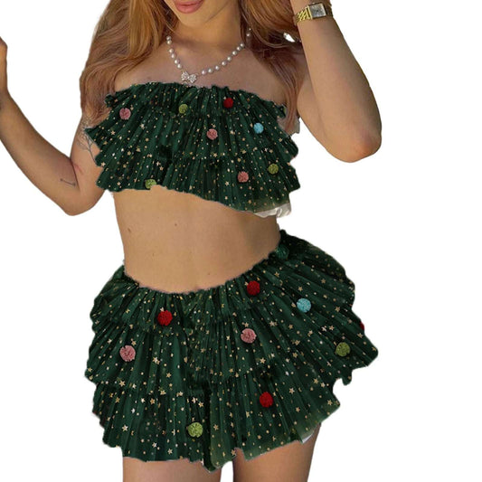 WoMen's Christmas Sequin Embellished Crop Top and High Waisted Skirt Set Festive Party Outfit Clubwear