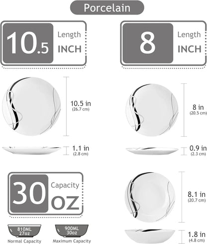 Porcelain Dinnerware Sets For 6, 18 Pieces Plates And Bowls Set With Black And Grey Ribbon Lines, Dishes Set Dining Ware For Din