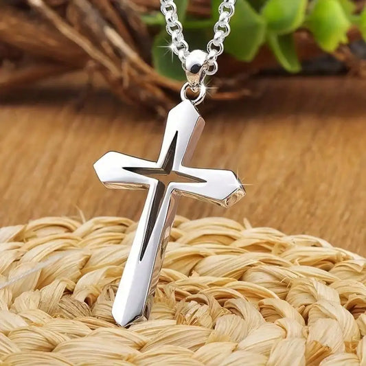 1 Cross Pendant Necklace, Hollow Modern Christian Religious Jewelry, H