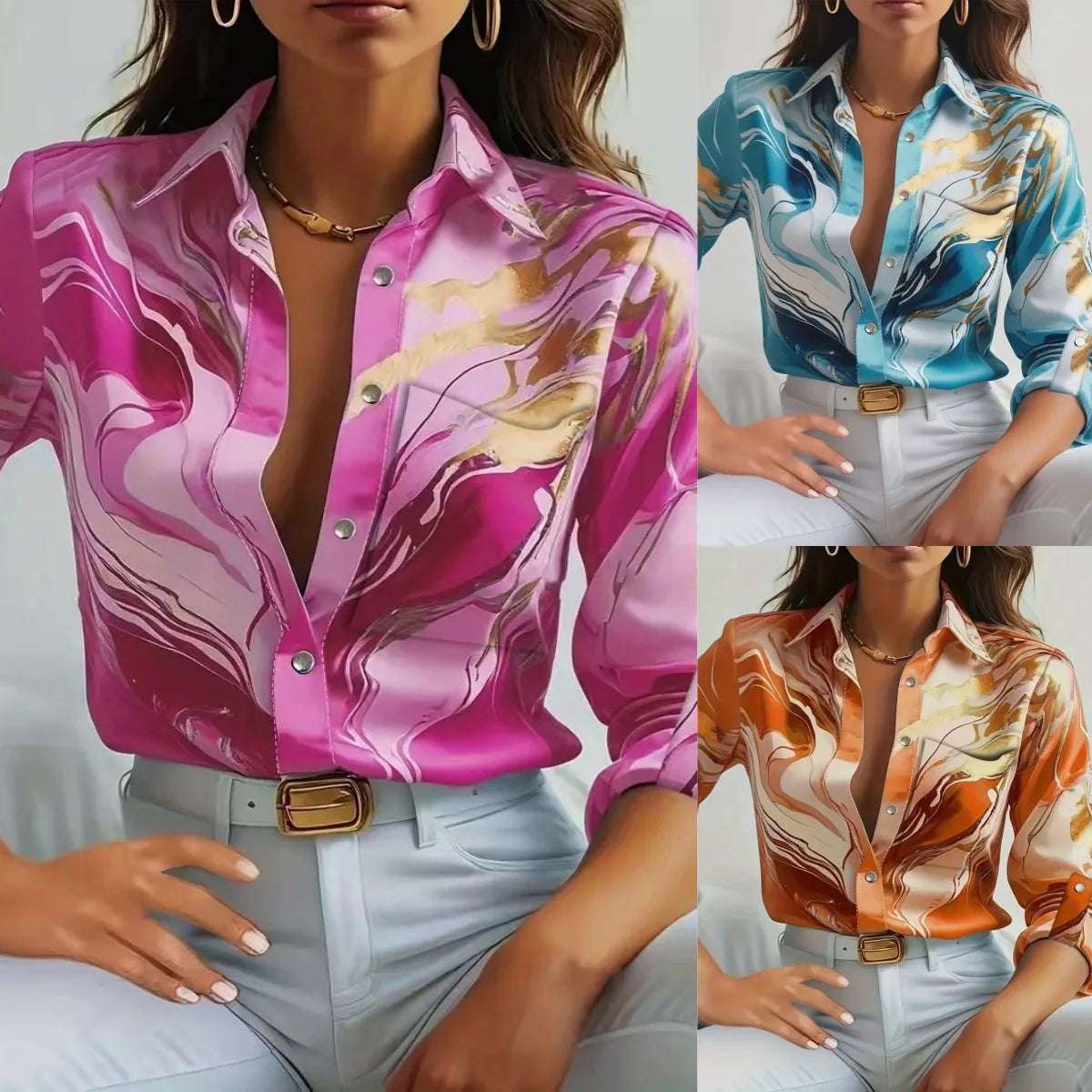 New Women Shirt 2025 Long Sleeve Button Print Loose Fashion Korean Office High Street Blouses