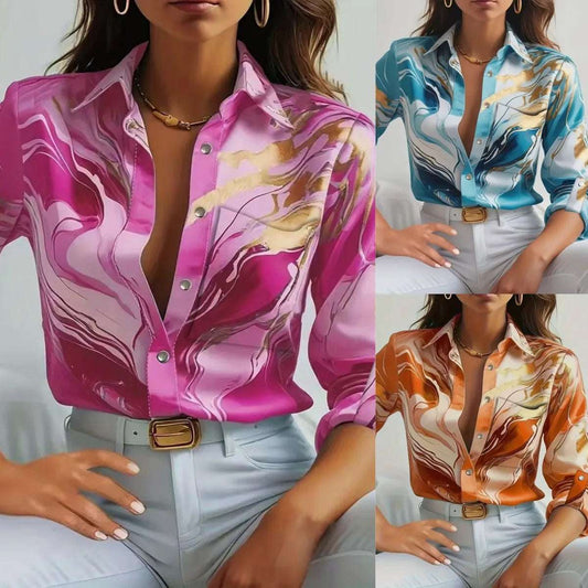 New Women Shirt 2025 Long Sleeve Button Print Loose Fashion Korean Office High Street Blouses