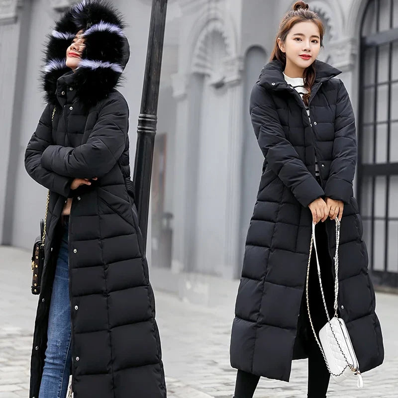 2025 Winter Women Jacket Warm Fashion Comfortable Bow Belt Fox Fur Collar Clothes Long Dress Office Casual Women Thick Coat