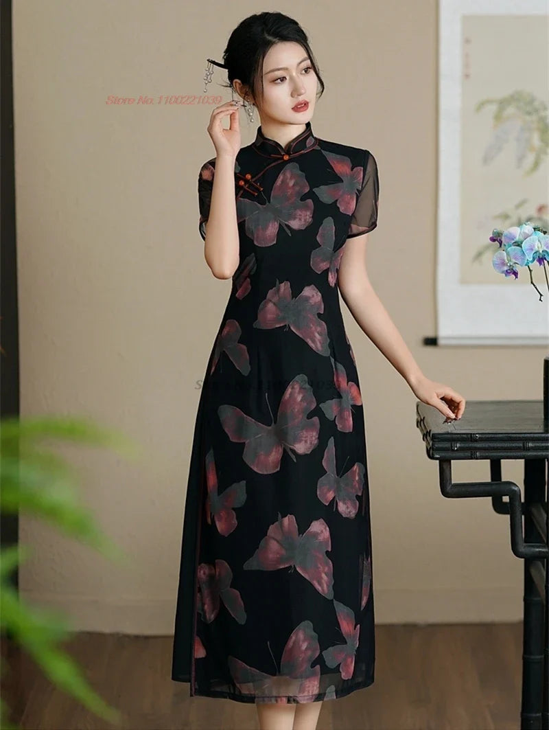 2025 vietnam aodai dress traditional chinese improved qipao national butterfly print cheongsam fairy dress evening qipao dress